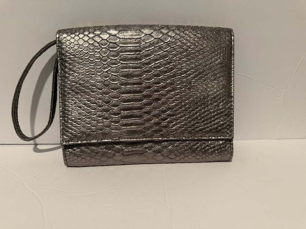 Neiman Marcus Metallic Silver Snakeskin Embossed Wristlet Clutch
